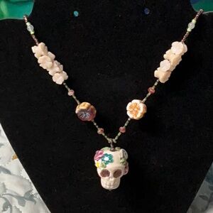 Cream and Green Skull Pendant Necklace